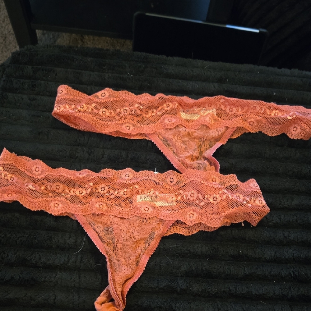 2 Pair Lace Thong Panties - Vibrant Coral